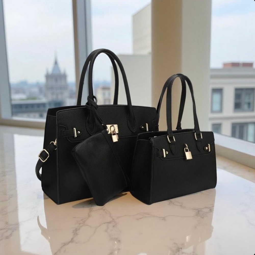 3-Piece Vegan Leather Handbag Set, Classic black Bag with Crossbody Bag& Wallet - Picture 3 of 5
